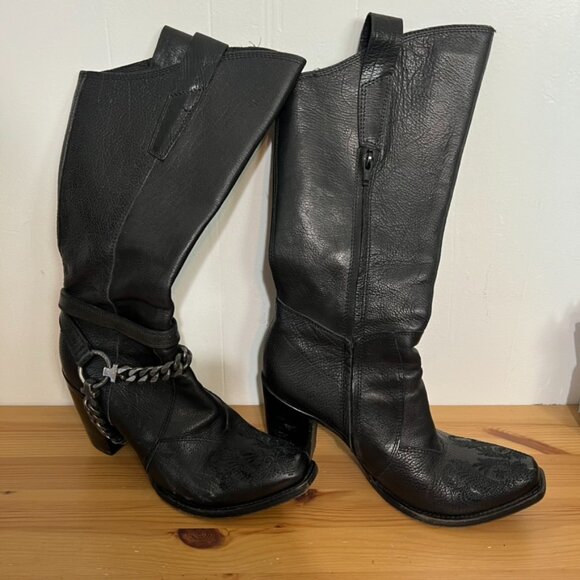 Gianni Barbato Tall Cowboy Boots EU 39.5 US 9 Black Leather Vintage Buckle Chain - Picture 2 of 10